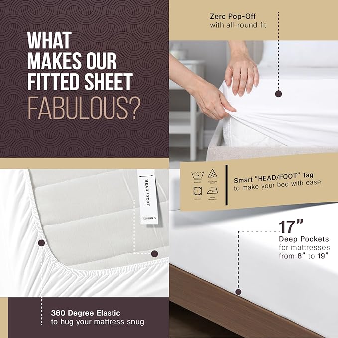 TEXAS LINEN CO. 100% Egyptian Cotton Sheets California King Size - Snoozin' Supreme Collection 2000 Series Luxury Cal King Sheet Set, Sateen, 17” Extra Deep Pocket Hotel Sheets (4 Pc, White)