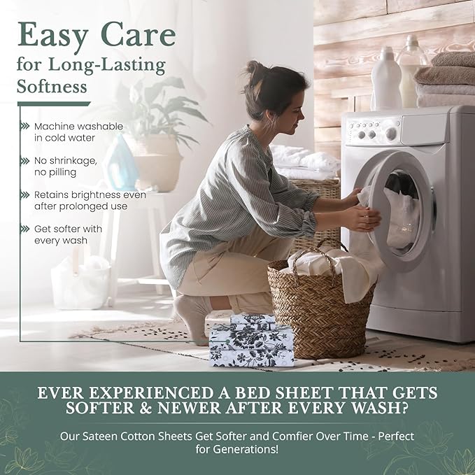 Feather & Stitch Softest 100% Cotton Sheets, 300 Thread Count Percale Weave Bedding, 16" Deep Pocket, Cooling Sheets, Breathable Bed Set, Hotel Premium Quality (Queen, Grey Floral Paisley)