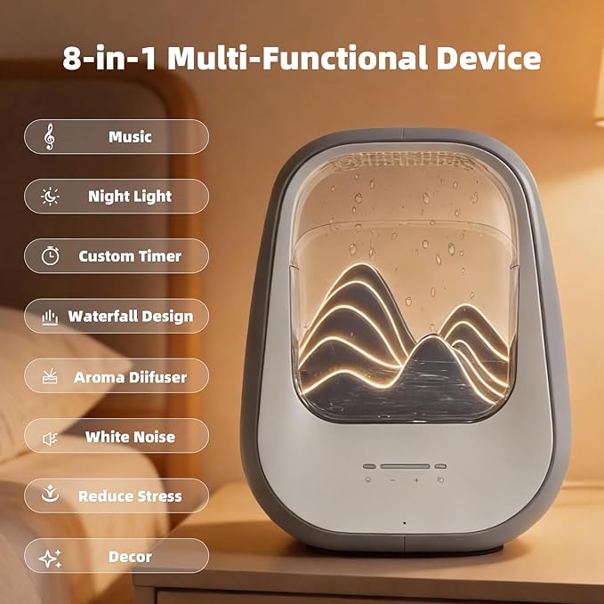 8-in-1 White Noise Sound Machine with Aroma Diffuser, Rain Sound Machine for Sleeping, Stress Relief, White Noise Machine Night Light Timer for Bedroom Office Home Decor, Gray