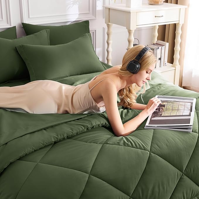 CozyLux Oversized Queen Comforter Set Olive Green - 7 Pieces Bed in a Bag Comforter Set with Sheets, Luxury Soft Bed Set, Bedding Set with Down Alternative Comforter, Sheets, Pillowcases & Shams