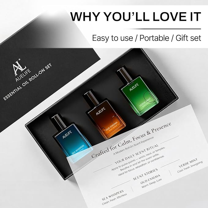 3 x 15ml Perfume Oil Set, Roll-On Essential Oil Set, Fragrance Rollerball Oil Gift Set for Him with Sea Whispers, Oud Enigma & Mint Scent, Travel Perfume Oils for Men, Father's Day & Birthday Gift