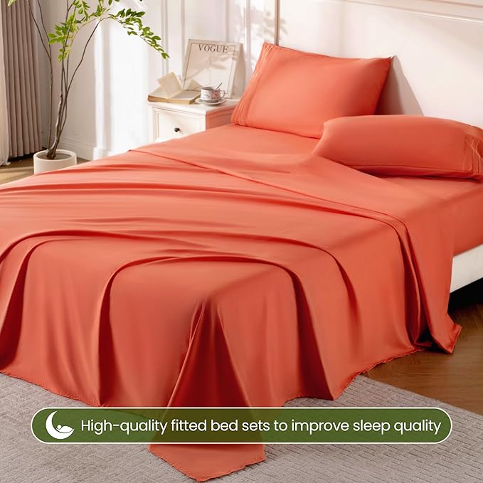 ROSE&RISY Orange Red Queen Sheet Set, 4 Pieces Soft Bedding Queen Sheet Set, Breathable and Cooling Sheet Bed Set,Includes 1 Fitted, 1 Flat, 2 Pillow Cases - Deep Pocket (Orange Red, Queen Size)
