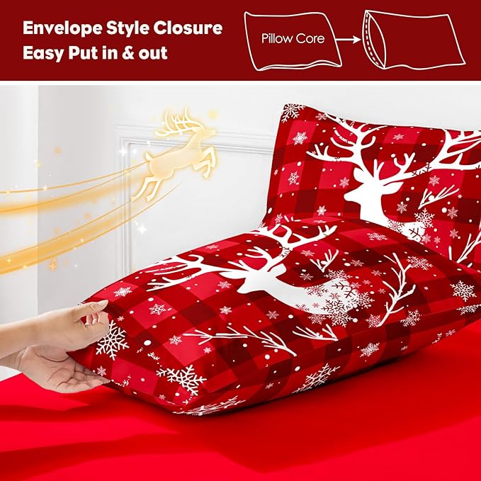 YIYEA Christmas Pillow Cases Queen Size Set of 4, Ultra Soft Double Brushed Microfiber Red Pillowcases and Christmas Pillow Covers, Envelope Closure, Fade Resistant (20"x30")