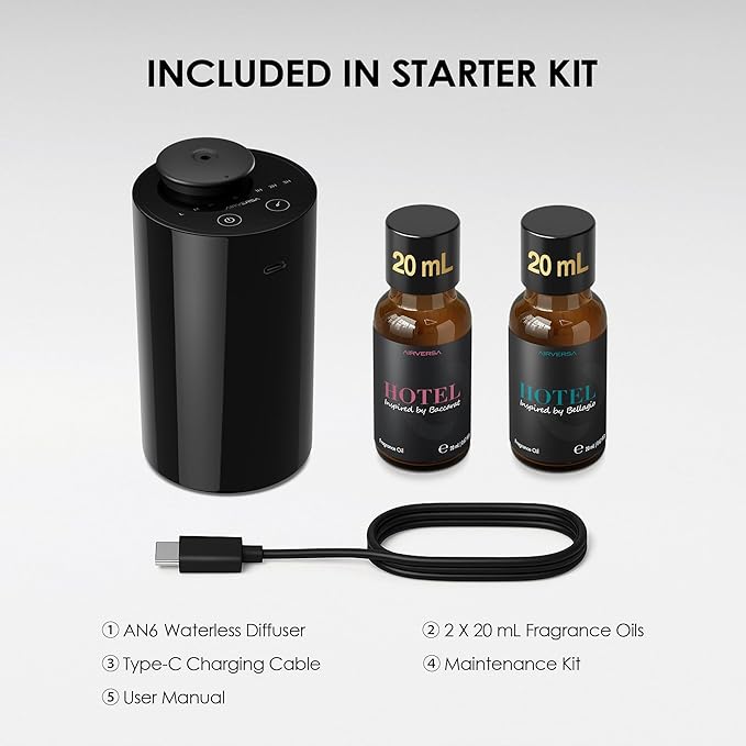 Airversa Waterless Essential Oil Diffuser Starter Kit with 2x20mL Hotel Fragrance Oils for Car Home Office, Cordless Battery Operated Scent Air Cool Mist Diffuser, Mist/Timers, Gift for Mom, Black Kit