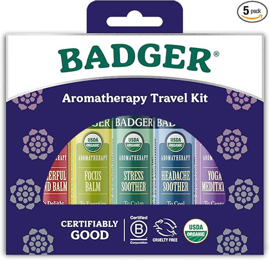 Badger Aromatherapy Travel Set, Organic Essential Oil Balm Variety Pack, Aromatherapy Gift Set, 1 Cheerful Mind, 1 Stress Soother, 1 Focus Balm, 1 Headache Soother, 1 Yoga & Meditation Balm, 5-Pack