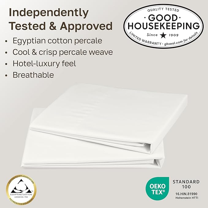 California Design Den Standard/Queen Size Pillow Cases Set of 2-100% Egyptian Cotton, Crisp Percale Feel, Soft & Breathable Cotton Pillowcases Queen & Standard - Ivory