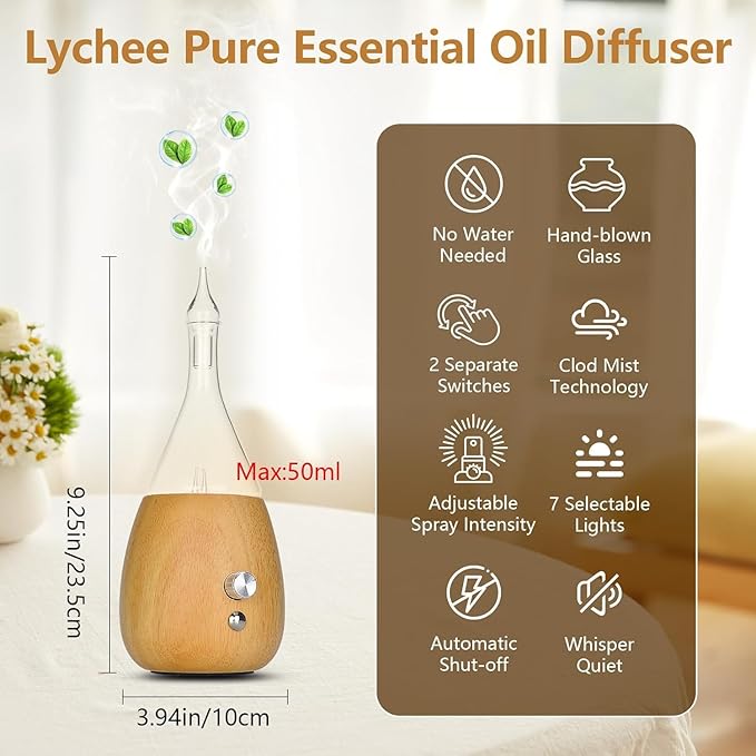 Lychee Essential Oil Diffuser Humidifiers, 7 Colors Light Setting, Quiet Diffuser, Small Aromatherapy Diffuser with Wood Grain Base for Room Home Office Bedroom Nice Gift