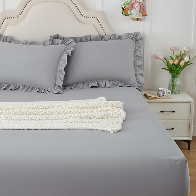 Homiest 3-Pieces Ruffle Pillow Case & Fitted Sheet Set, Grey King Sheets with 2 Ruffled Pillow Shams, 15 Inch Deep Pocket, Cute & Coquette Microfiber Bed Set for Decorating Bedroom Hotel