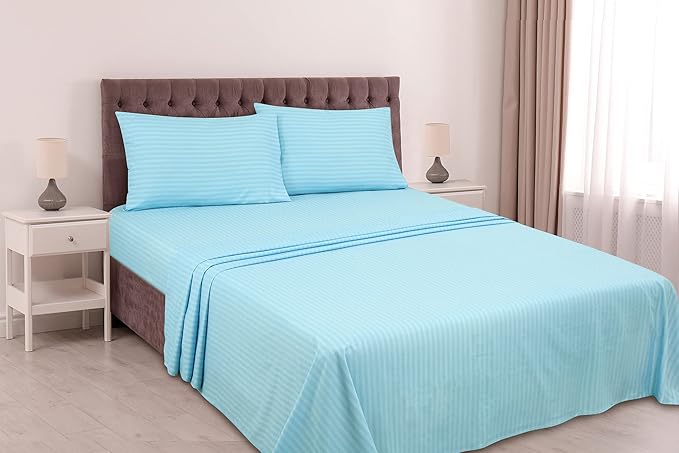 ROYALE LINENS 3 Piece Twin Sheets Set - Soft Brushed 1800 Microfiber - 1 Fitted, 1 Flat Sheet, 1 Pillow case - Wrinkle Free & Fade Resistant - Hotel Luxury Bed Sheets (Stripe Lake Blue, Twin)