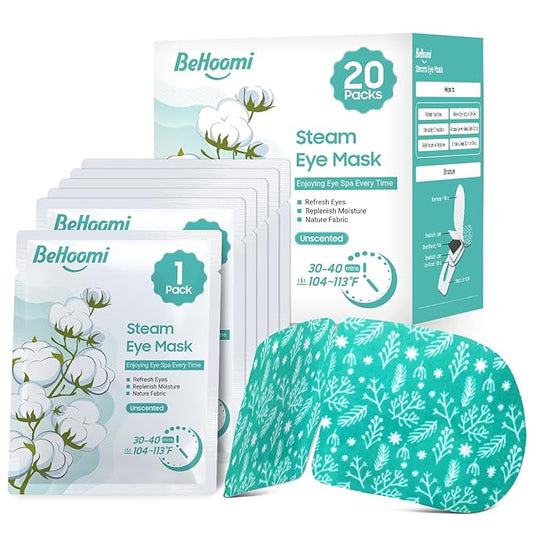 BeHoomi 20Packs Steam Eye Mask, Heated Eye Mask Warm Compress for Eyes, Disposable Self Heating Steam Mask for Sleep, Spa, Travel Essentials, Relaxation Gifts for Women, Mothers Day Gifts (Unscented)