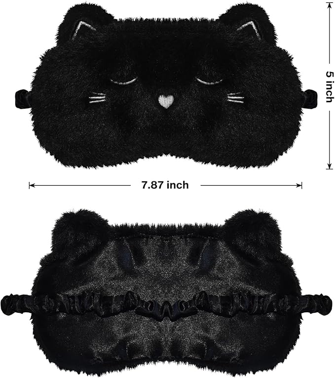Cute Cat Sleeping Mask Eye Mask Funny Animal Kitten Sleep Mask Soft Plush Blindfold Travel Eye Cover Eyeshade for Kids Adults Girls Boys Women Men (Cat, Black)