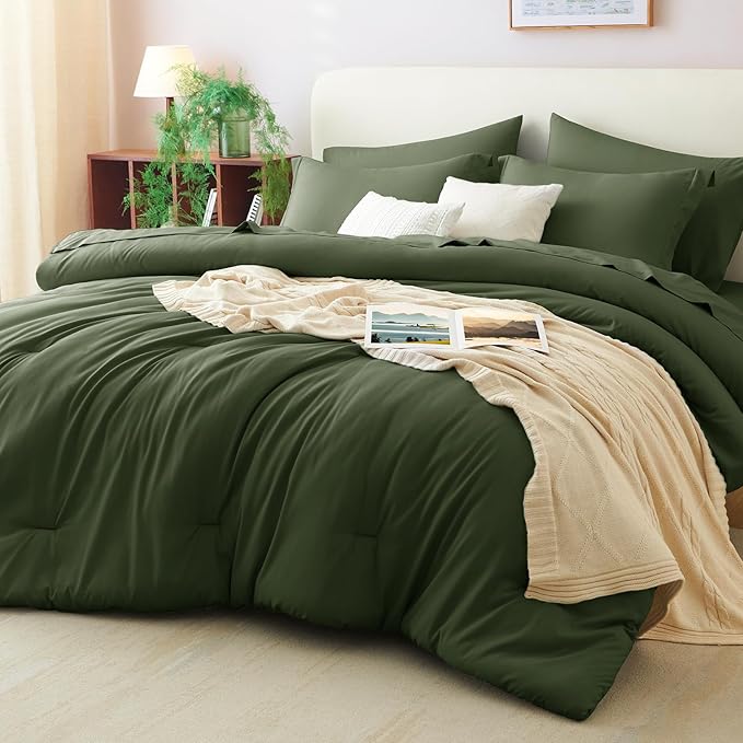 CozyLux Oversized King Comforter Set Olive Green, 7 Pieces Bed in a Bag Comforter Set with Sheets, Soft Bedding Sets with Down Alternative Comforter, Fitted Sheet, Flat Sheet, Pillowcases and Shams