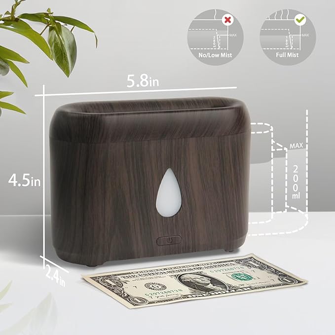 Flame Diffuser for Essential Oils, 200ml Ultrasonic Aroma Diffusers with Cool Mist, Aromatherapy Diffuser with Auto-Off Protection, Small Humidifier for Home,Office,Bedroom,Gift (7 Colors Darkwood)
