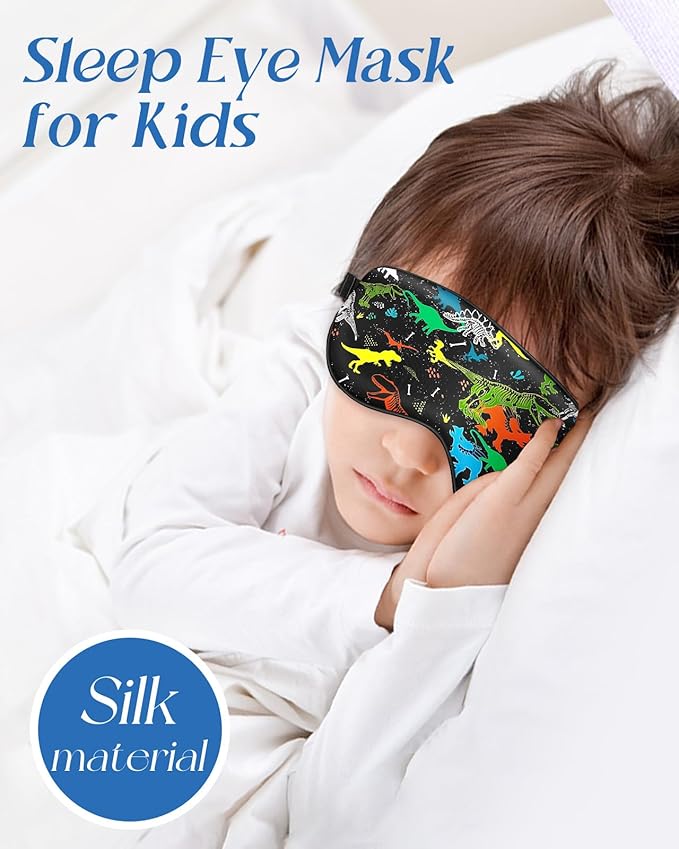 Miss Adola Sleep Mask for Kids - Silk Eye Mask for Sleeping Cute Cartoon Kids Sleep Mask for Boys Girls Teens Soft Smooth Adjustable Straps Silk Kids Eye Cover, Black Dinosaur