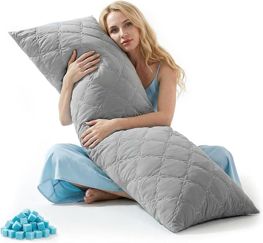 BEDELITE Cooling Body Pillow for Adults, Creative Ultra Soft Cool-Touch Quilted Nylon-Spandex Body Pillow Cover, Adjustable Memory Foam Long Pillow for Side Sleepers, Pregnancy & Back Pain(Light Grey)