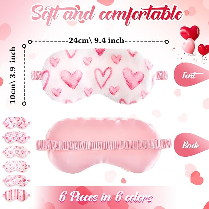 Cuffbow 6 Pack Plush Sleep Mask Set, Cute Plush Eye Masks for Sleeping, Soft Comfortable Travel Nap Blindfold, Sleepover Party Favors for Women(Heart,Pink)