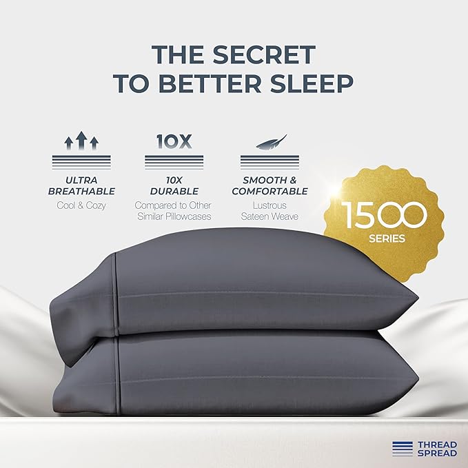 THREAD SPREAD 100% Egyptian Cotton Pillow Cases Queen Size Set of 2 - Luxury 1500 Series Queen Pillow Cases (Dark Grey), Soft Cooling Envelope Closure Hotel Quality Egyptian Cotton Pillowcases