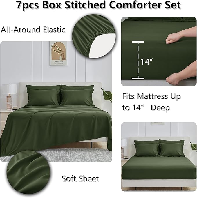 CozyLux King Size Comforter Set Olive Green - 7 Pieces Bed in a Bag King, Okeo-Tex Certifited Bedding Set, All Season Soft Bed Set with Down Alternative Comforter, Sheets, Pillowcases & Pillow Shams