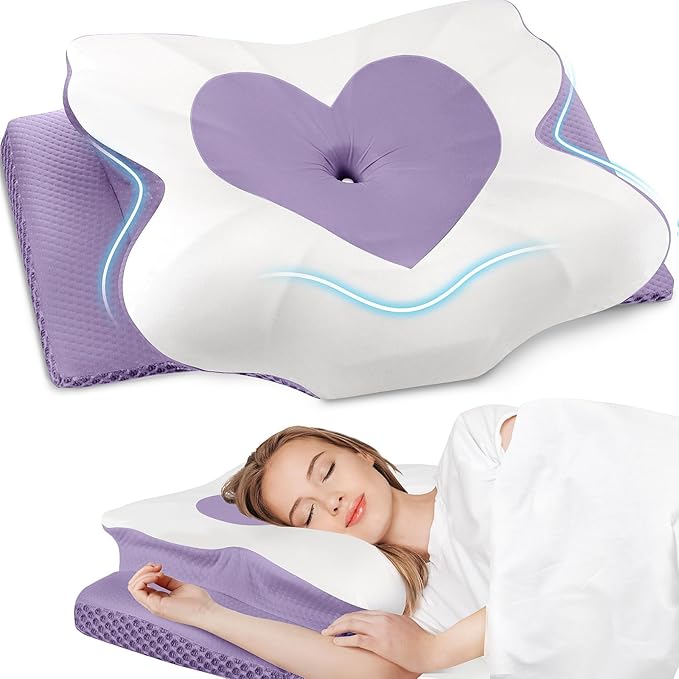 CushZone Cervical Neck Pillow, Memory Foam Neck Support Pillows for Sleeping, Shoulder Pillow for Side Sleepers, Back Stomach Sleepers, Queen Size, Lavender Color