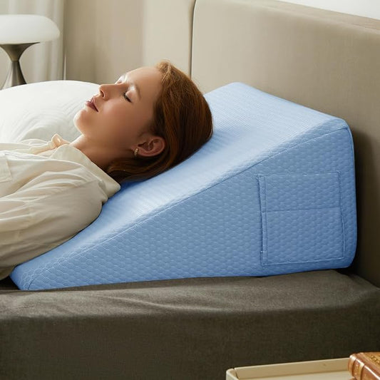Bedluxe Wedge Pillow, 12 inch Bed Wedge Pillow for Headboard, Pillow Wedge for Acid Reflux Relief, Sleeping, After Surgery, Snoring, Gerd, Triangle Pillow Wedge - Cooling Memory Foam Top, Light Blue