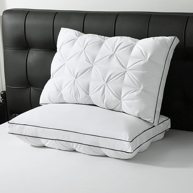 BPC Luxury Goose Feather Down Pillows Queen Size, Gusseted Hotel Bed Pillows for Sleeping, 100% Organic Cotton Cover, Surround Polyester Fill, Soft Fluffy for Sleepers (18"x28" + 2" Gusset, Pack of 2)