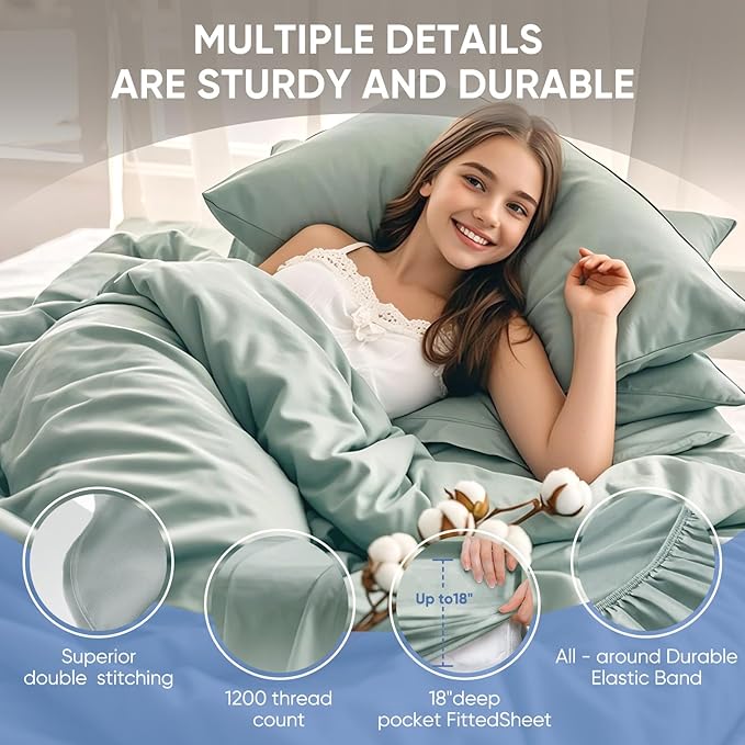 TWK 1200 TC 100% Egyptian Long-Staple Cotton Bedding Sheets Set, Luxury Hotel Style Deep Pocket with Elastic Reinforced Seams Sheet Set, Soft & Comfy Natural Sheets (Mineral, Full)