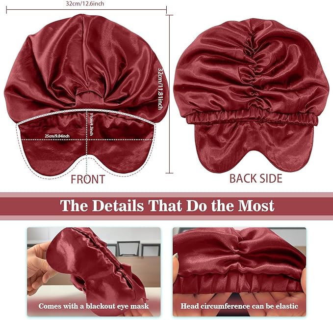 2-in-1 Satin Sleep Bonnet with Eye Mask for Women –Silk-Lined Hair Bonnet for Sleeping, Adjustable, Anti-Frizz for Curly Hair