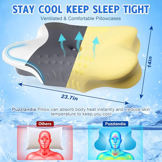 Cervical Neck Pillows with Memory Foam - Ergonomic Neck Support Pillows for Pain Relief Contour Memory Foam - Adjustable Orthopedic Bed Pillows with Cooling Pillowcase for Sleeping - Dark