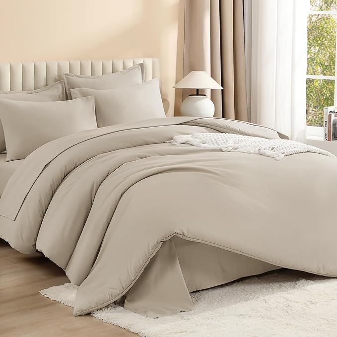Litanika Comforters Queen Size Set Oatmeal - 7 Pieces Bed in a Bag Queen Bedding Comforter Sets, Plain Lightweight Bed Set with Comforter, Sheets, Pillowcases & Shams