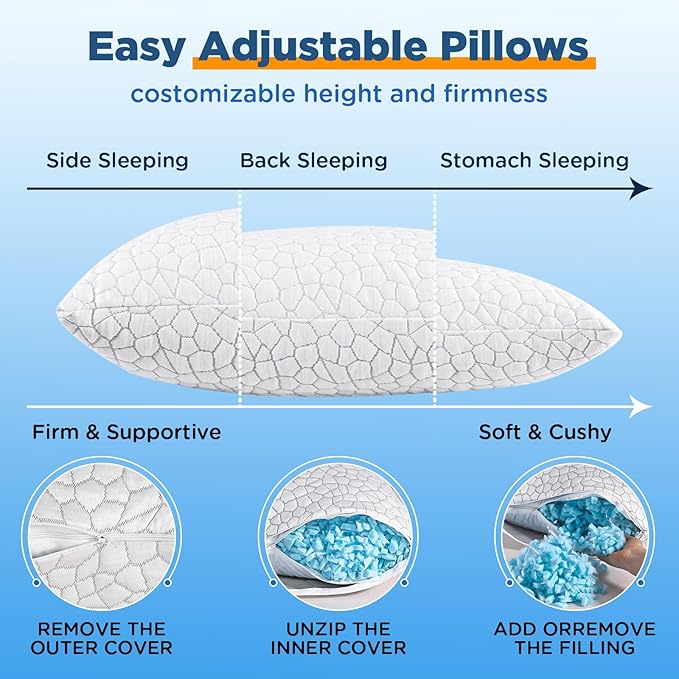 Cooling Pillow Queen Size Set of 2, CertiPUR-US Shredded Memory Foam Pillows for Sleeping, Cool Bed Pillows for Hot Sleepers, Adjustable Firm Pillow for Side,Back,Stomach Sleepers,Sleep Gift for Mom