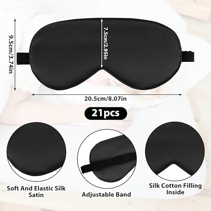 21 Pcs Adjustable Silk Eye Masks for Sleeping, Black Blindfold with Slide Buckle for Travel, Night Rest, Men & Women, Comfortable Light Blocking Sleep Accessories (8.07 x 3.74 in)