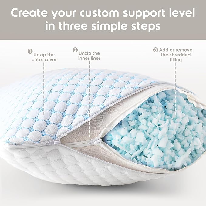 Nestl Cooling Pillow, Shredded Memory Foam Pillows King Size Set of 2, Gel Infused Cool Pillow, Adjustable King Size Pillow for Sleeping, Breathable King Pillow, Washable Removable Bed Pillow Cover
