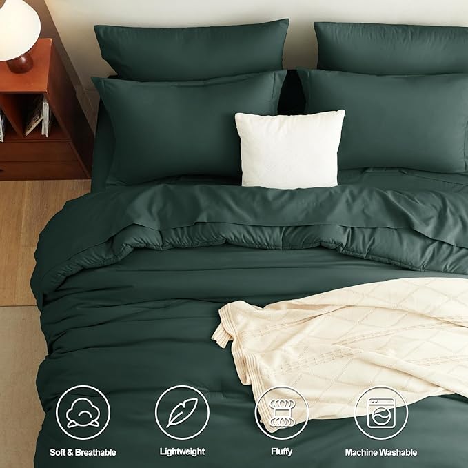 CozyLux Queen Comforter Set Forest Green, 7 Pieces Bed in a Bag Queen Comforter Set with Sheets, Luxury Soft Bedding Sets with Down Alternative Comforter, Fitted Sheet, Flat Sheet, Pillowcases & Shams