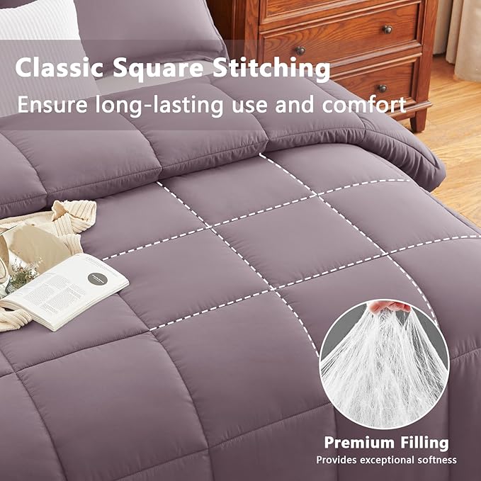 CozyLux King Size Comforter Set - Dusty Purple Comforter King Size, 3 Pieces Box Stitched Bed Set for All Seasons, Soft Lightweight Bedding Sets with 1 Down Alternative Comforter and 2 Pillow Shams