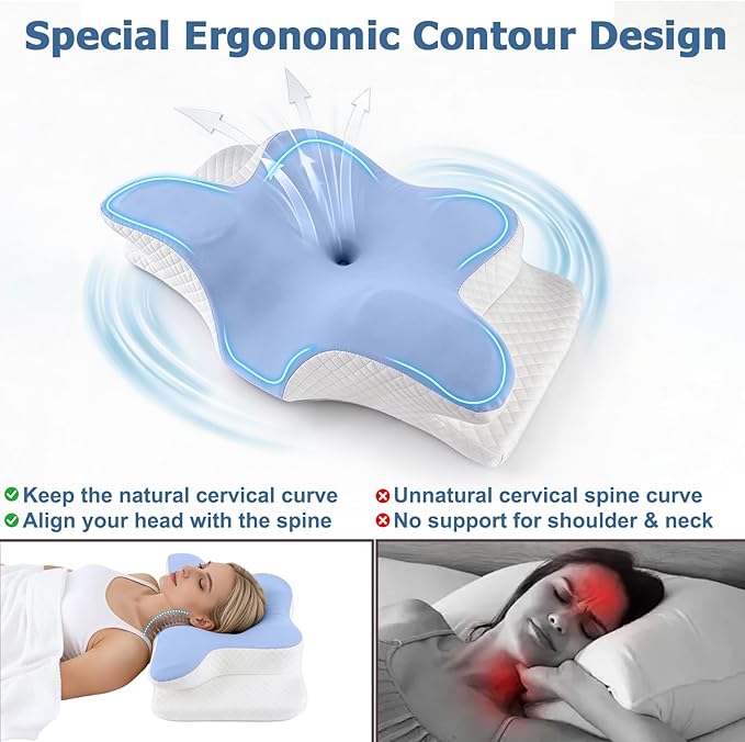 Memory Foam Neck Pillow - Adjustable Orthopedic Contour Pillow for Neck & Shoulder Support, Odorless, Side Back Stomach Sleeper Friendly, Enhanced Spinal Alignment - Light Blue