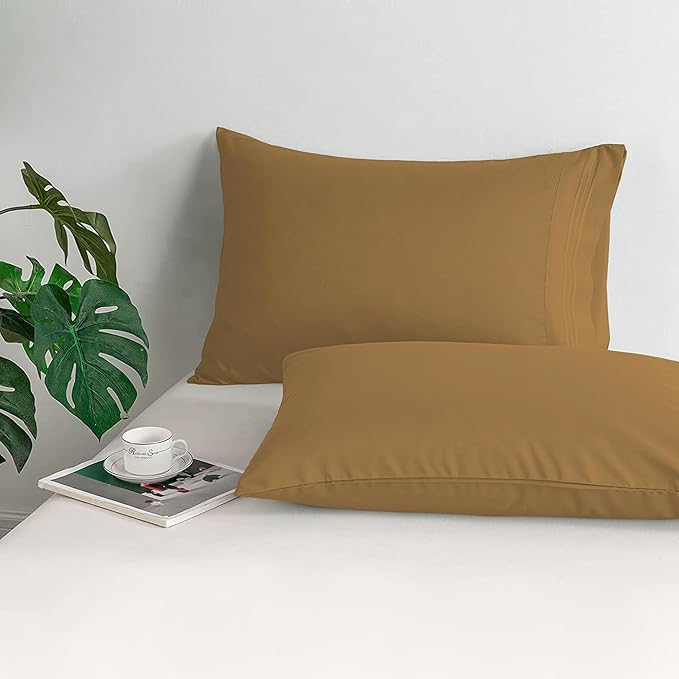 Mocassi 2-Piece Premium King Pillowcase Set 1800 Series Hotel Quality Microfiber - Soft and Breathable with 3-Line Embroidery Wrinkle and Stain Resistant, Easy Care, 20" x 40", Bronze