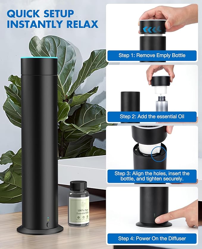 Waterless Scent Diffuser Starter Kit, 150mL Capacity Covers 1000 Sq Ft, Rechargeable Essential Oil Diffuser for Large Room, Home, Office, Hotel Scent Diffuser with 80 ml Scent Oil, 3 Control Modes