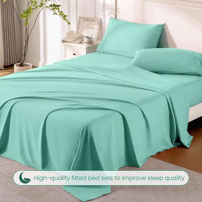 ROSE&RISY Light Green King Sheet Set, 4 Pieces Soft Bedding Sheet Set, Breathable and Cooling,Includes 1 Fitted Sheet, 1 Flat Sheet, 2 Pillow Cases - Deep Pocket (Light Green, King)