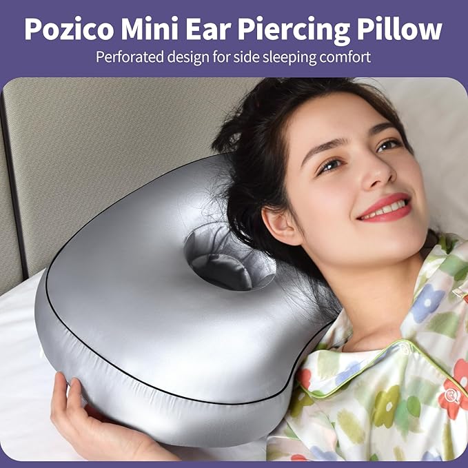 Gray Orthopedic Ear Piercing Pillow - Side Sleeper Support with 3.5" Ear Hole Relief, Hypoallergenic Pillow for Healing Piercings