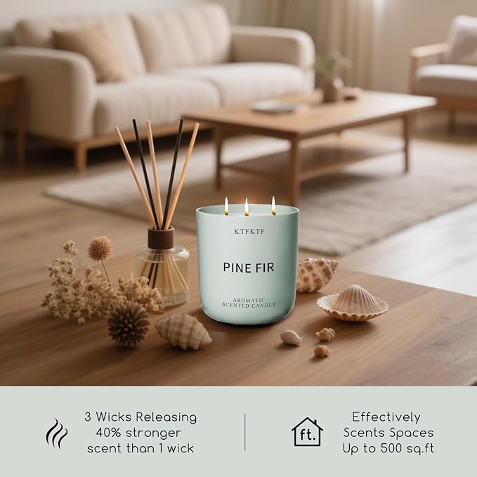 Pine Scented Candle for Home - 3-Wick 14.1oz 80-Hour Long Burning, Non-Toxic Soy Wax Candles - Aromatherapy Candle for Positive & Relaxation, Crisp Woody Forest Scent for Home Decor