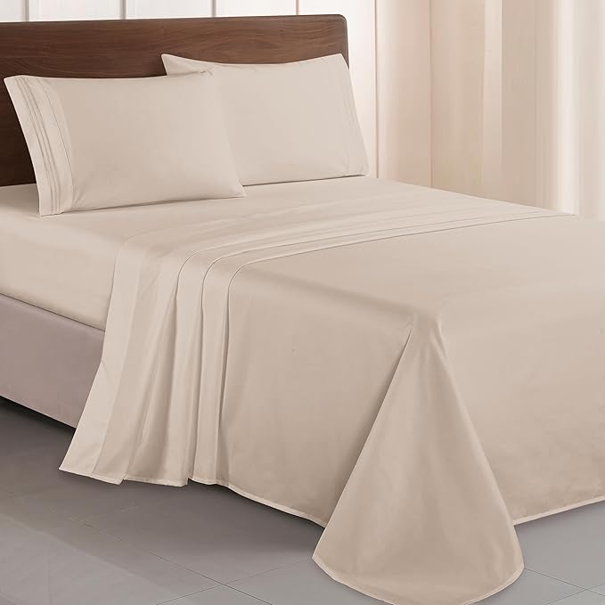 Elegant Comfort Luxurious 1500 Premium Hotel Quality Microfiber Three Line Embroidered Softest 4-Piece Bed Sheet Set, Wrinkle and Fade Resistant, Twin/Twin XL, Cream