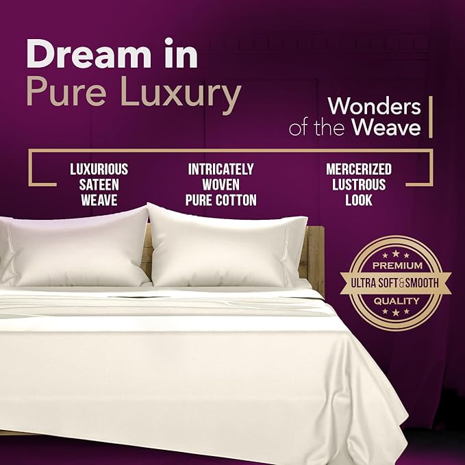 TEXAS LINEN CO. 100% Egyptian Cotton Sheets King Size Set - 1200 Series Star Sleepin' Collection Egyptian Cotton Luxury Sheets King Size (4 PC, Ivory), 17" Deep Pocket, Sateen Hotel Bedding Set