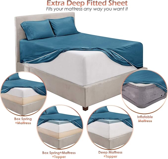 Hearth & Harbor Extra Deep Pocket Queen Sheets Sets - Fits Mattress 18-24 Inches Deep - Extra Deep Pocket Sheets - 6 Piece Queen Size - Blue Heaven