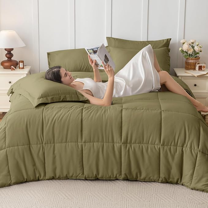 JOLLYVOGUE California King Comforter Set, Ultra-Soft Bed in a Bag Cal King Size 7 Pieces, Oeko-TEX Certified Bedding Set with Down Alternative Comforter, Sheets, Pillowcases & Shams, Olive Green