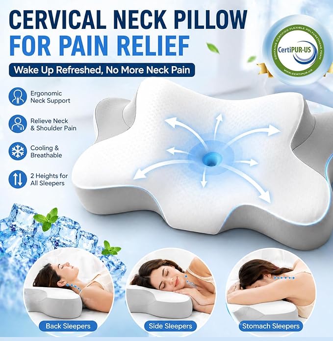 Cervical Pillow for Neck Pain Relief, Sleep Apnea Pillow, Cooling Memory Foam Pillow Ergonomic Orthopedic Contour for Side, Back and Stomach Sleepers, 2 in 1 Neck Shoulder Relief System Bed Pillow