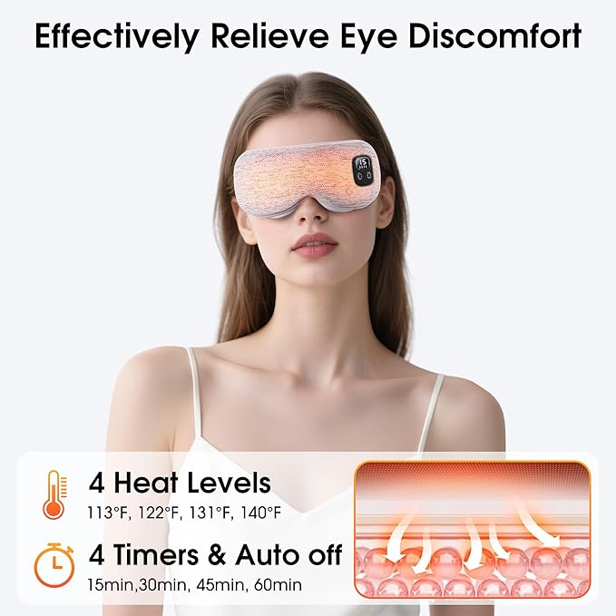 Heated Eye Mask, Cordless Rechargeable Eye Compress, Eye Relief, Improved Sleep, Washable Eye Mask, 4 Heat Levels, 4-Level Timing - Gray