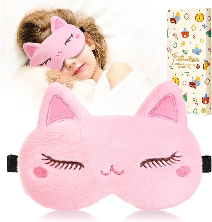Miss Adola Sleep Mask for Kids - Valentines Gift for Kids Cute Plush Fuffy Sleeping Eye Cover Kawaii Soft Eyeshade Animal Eye Blindfold for Girls Boys Teens with Adjustable Strap, Cat