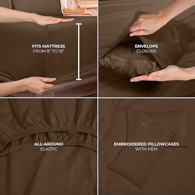 ROYALE LINENS 3 Piece Twin Sheets Set - Soft Brushed 1800 Microfiber Bedding - 1 Fitted, 1 Flat Sheet, 1 Pillow case - Wrinkle Free & Fade Resistant - Hotel Luxury Bed Sheets (Chocolate Brown, Twin)