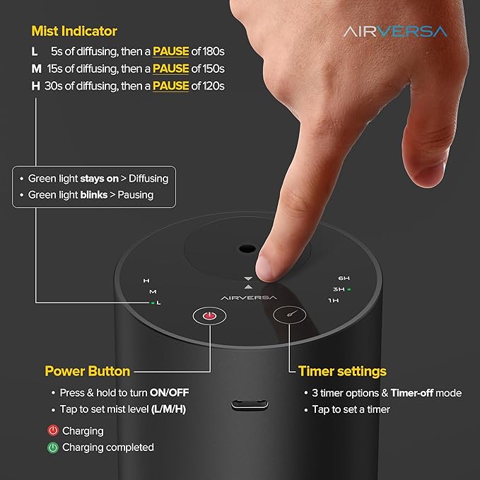Airversa Waterless Essential Oil Diffuser Starter Kit with 4 x 10mL Hotel Scent Fragrance Oil, Aluminum Housing, Battery Operated Mini Scent Air Portable Diffuser for Home Car Office, ADX Kit Black