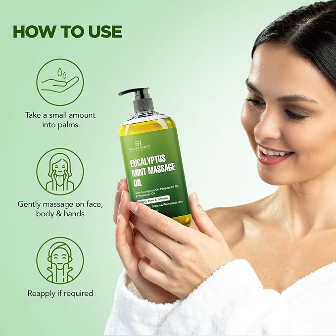 Botanic Hearth Eucalyptus Massage Oil 8 Fl Oz | Refreshing, Relaxing Massage Oils for Muscle Relaxing & Joint Comfort | Made with Natural Oils | for All Skin Types, for Men & Women